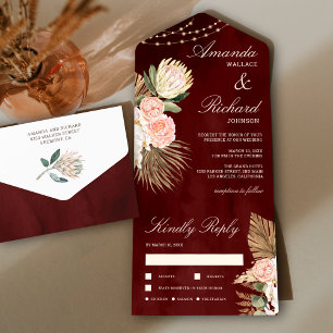 Invitation Tout En Un Russe Bourgogne Terme Floral Palm Protea Mariage