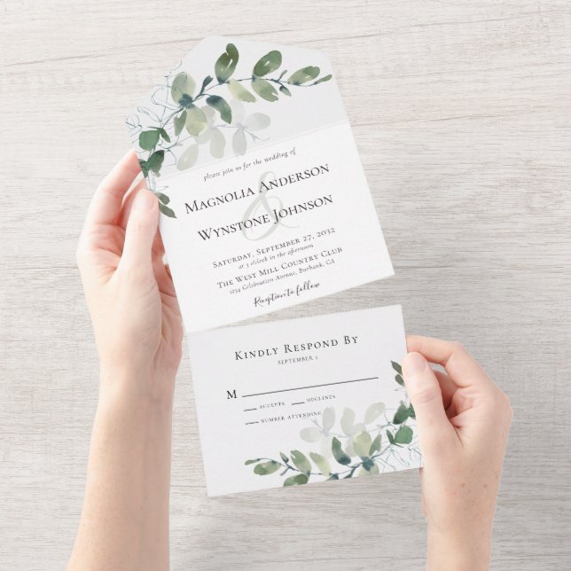Invitation Tout En Un Russe Eucalyptus Mariage moderne (Déchirure)