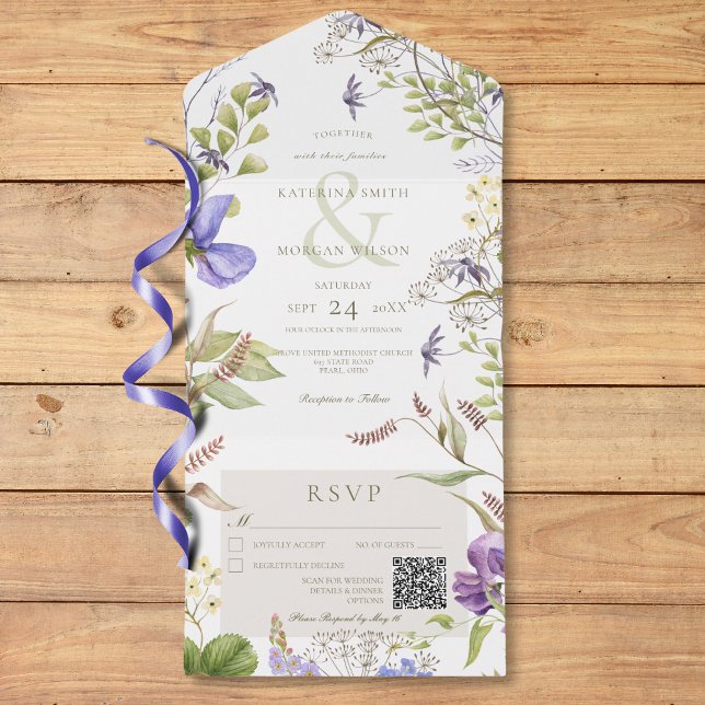 Invitation Tout En Un Russe Fleur sauvage Lavande blanc QR Code (Rustic Lavender Wildflowers White QR Code All In One Invitation)