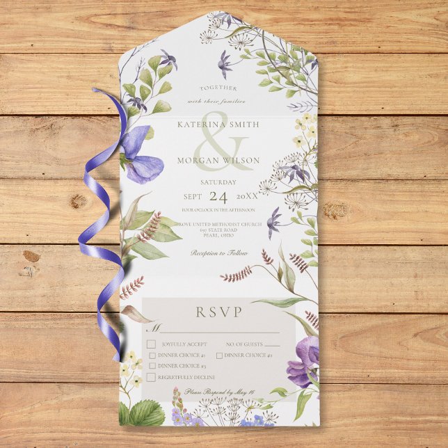 Invitation Tout En Un Russe Lavande Fleur sauvage Blanc Trois Dîner (Rustic Lavender Wildflowers White Three Dinner All In One Invitation)