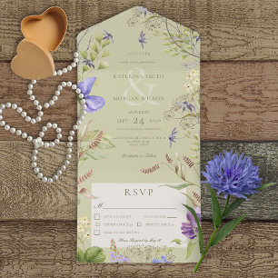 Invitation Tout En Un Russe Lavender Fleur sauvage Sage Green Diner