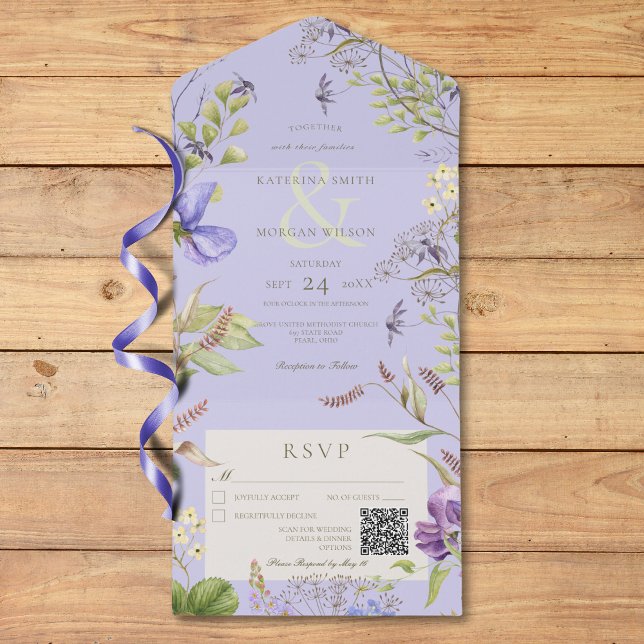 Invitation Tout En Un Russe Lavender Fleurs sauvages Lavender QR Code (Rustic Lavender Wildflowers Lavender QR Code All In One Invitation)