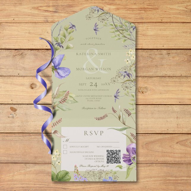 Invitation Tout En Un Russe Lavender Fleurs sauvages Sage QR Code (Rustic Lavender Wildflowers Sage QR Code All In One Invitation)