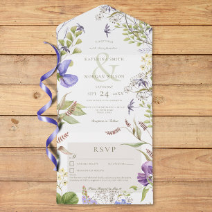 Invitation Tout En Un Russe Lavender Sage Fleur sauvage Détails blancs