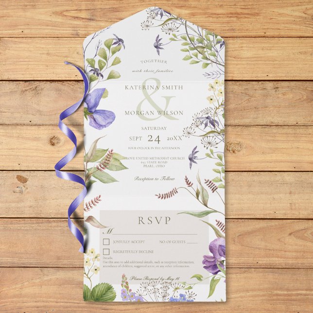 Invitation Tout En Un Russe Lavender Sage Fleur sauvage Détails blancs (Rustic Lavender Sage Wildflowers White Details All In One Invitation)