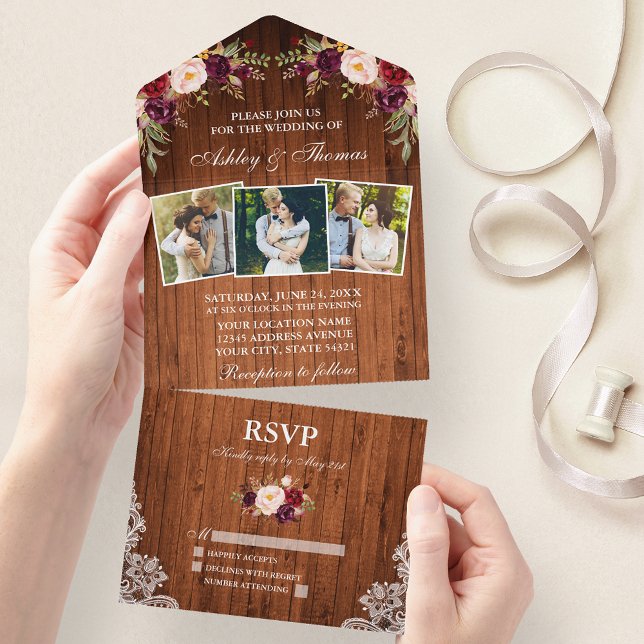 Invitation Tout En Un Russe Mariage Bourgogne Floral Dentelle en bois 3  (All In One Wedding Invitation with tear off RSVP Card)