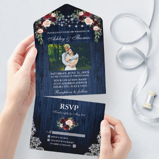 Invitation Tout En Un Russe Mariage Floral Bleu Bois Lumières Dentelle P
