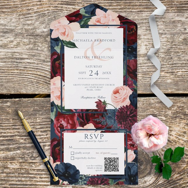 Invitation Tout En Un Russe Marine Blue Peach & Burgundy Floral QR Code (Créateur téléchargé)