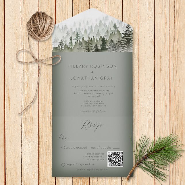 Invitation Tout En Un Russe Mountain Mist Forest Green QR Code (Also available without a QR code; with or without dinner selection options.)