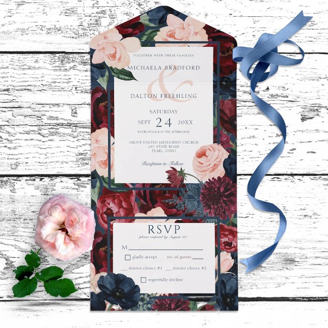 Invitation Tout En Un Russe Navy Blue Peach & Burgundy Floral Dinner (Créateur téléchargé)