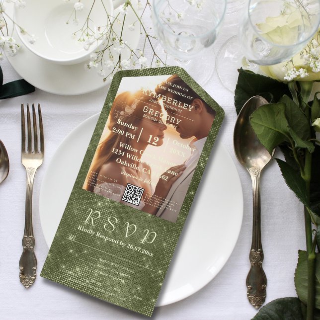 Invitation Tout En Un Russe Olive Green Faux Burlap Photo QR Code (Créateur téléchargé)