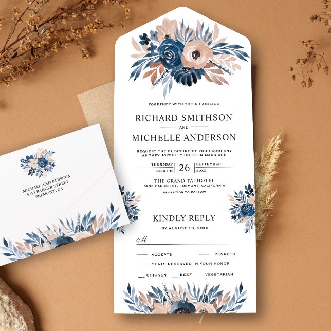 Invitation Tout En Un Russe Pays Mariage bleu et beige Floral (Créateur téléchargé)