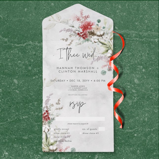 Invitation Tout En Un Russe Red Winter Berries & Boho Cotton Dîner (Rustic Red Winter Berries & Boho Cotton Dinner All In One Invitation)