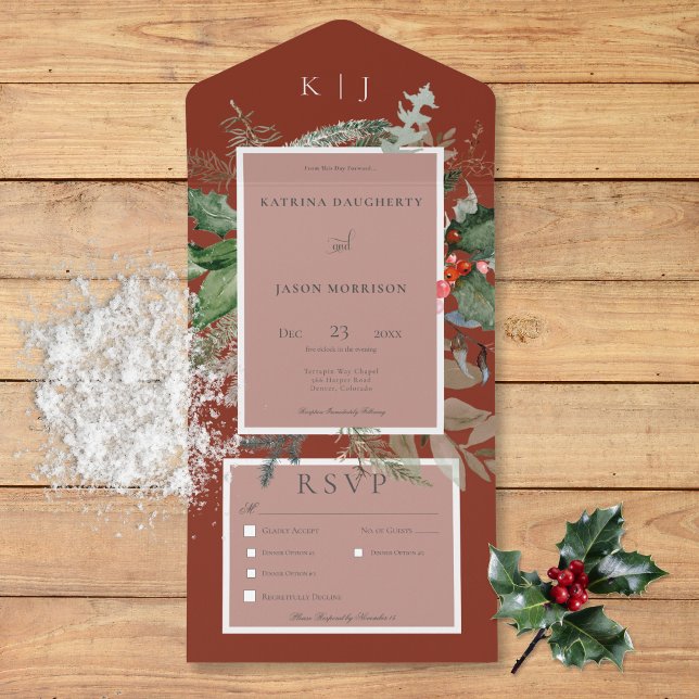 Invitation Tout En Un Russe Red Winter Holly & Pine Trois Dîner (Rustic Red Winter Holly & Pine Three Dinner All In One Invitation)
