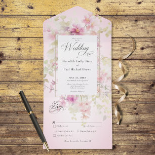 Invitation Tout En Un Russe Rose & Sage Aquarelle Floral Rose Dîner