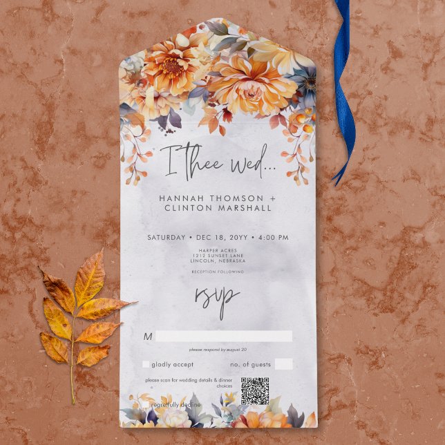 Invitation Tout En Un Russe rouille et marine Chute Floral Mariage QR Co (Créateur téléchargé)