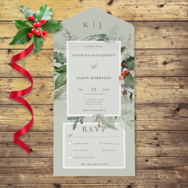 Invitation Tout En Un Russe Sage Winter Holly & Pine Dîner (Also available with a QR code or without dinner selection options.)