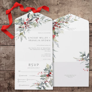 Invitation Tout En Un Russe Winter Holly Berries & Dîner Neige