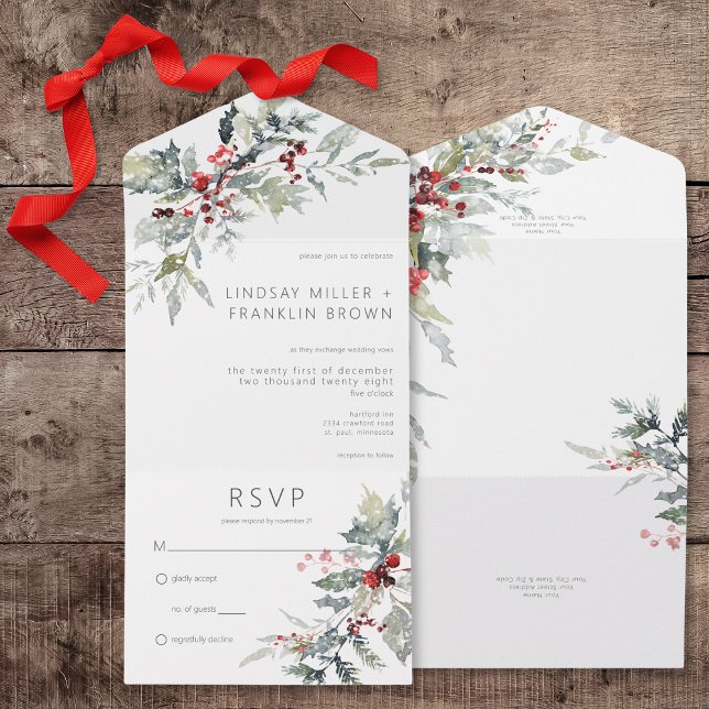 Invitation Tout En Un Russe Winter Holly Berries & Neige Pas de dîner (Rustic Winter Holly Berries & Snow All In One Wedding Invitation without Dinner Options)