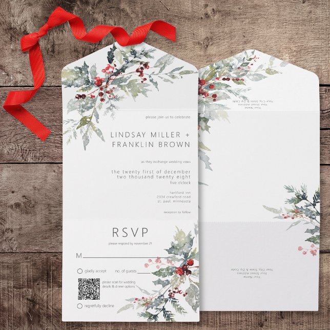 Invitation Tout En Un Russe Winter Holly Berries & Snow QR Code (Rustic Winter Holly Berries & Snow All In One Wedding Invitation with QR Code)
