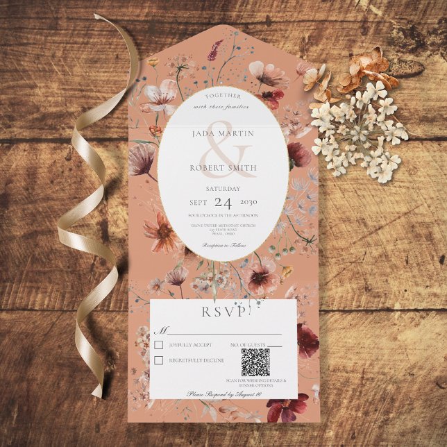 Invitation Tout En Un Rust & Burange Fleur sauvage Floral QR Code (Créateur téléchargé)