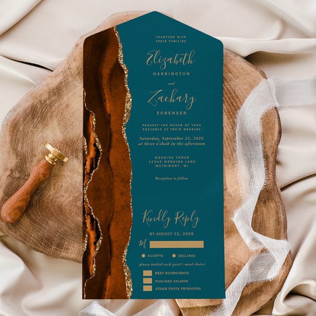 Invitation Tout En Un Rust Or Agate Bleu Canard Options De Repas Mariage (Créateur téléchargé)