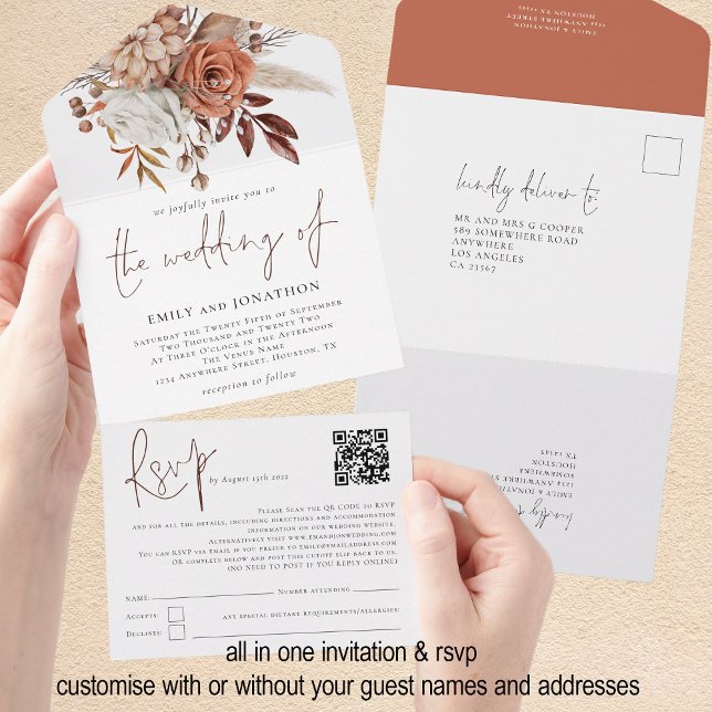 Invitation Tout En Un Rustic Automne Florals QR Code Script Mariage (All in one invitaion and rsvp - customise with or without your individual guest names and addresses)