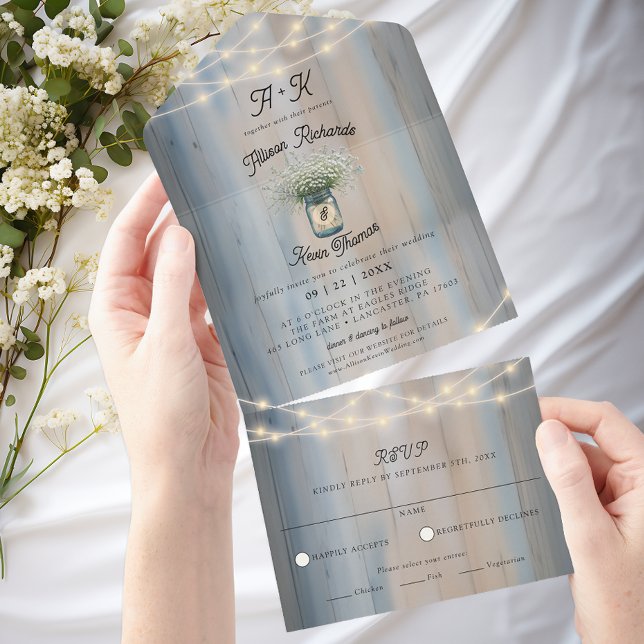 Invitation Tout En Un Rustic Baby’s Breath & String Lights Mariage (All-In-One Wedding Invite)