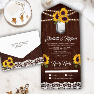 Invitation Tout En Un Rustic Barn Wood Lace Sunflowers Mason Jar Wedding