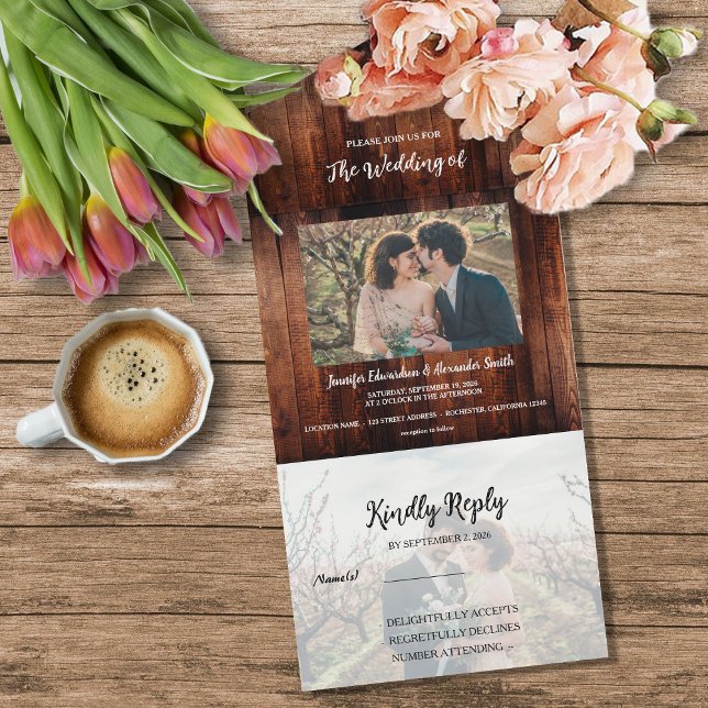 Invitation Tout En Un Rustic barn wood photo country Wedding (Rustic barn wood photo country Wedding All In One Invitation. For your perfect rustic wedding.)