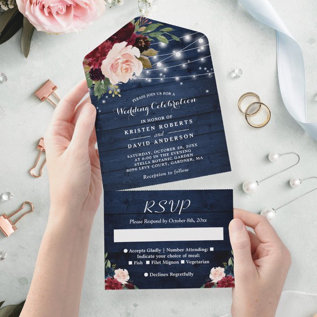 Invitation Tout En Un Rustic Blue Burgundy Floral String Lights Wedding (Créateur téléchargé)