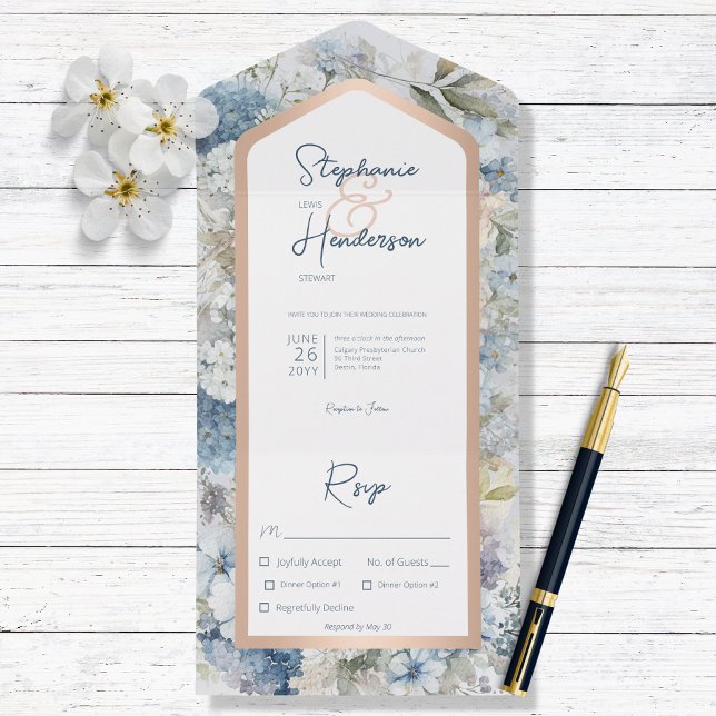 Invitation Tout En Un Rustic Blue Floral & Dîner d'or Rose (Créateur téléchargé)