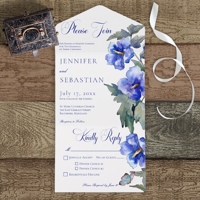 Invitation Tout En Un Rustic Blue Morning Glory Floral Dîner (Créateur téléchargé)