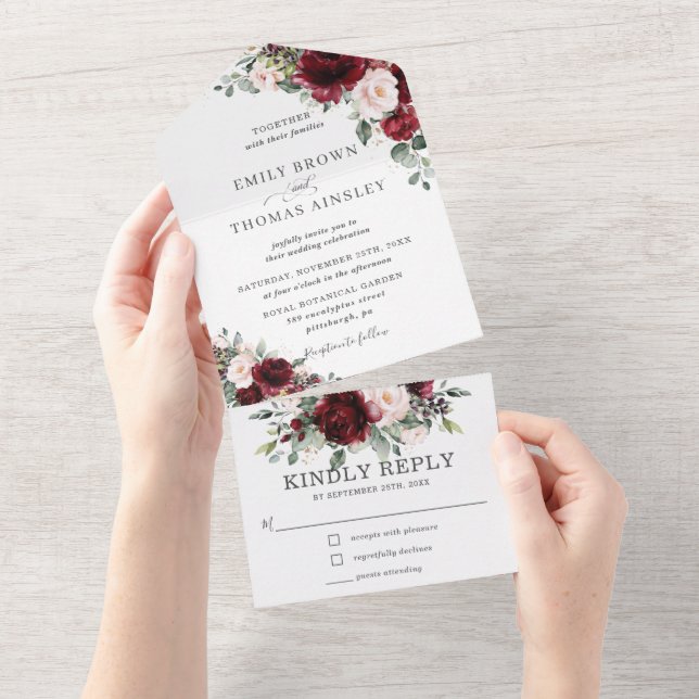 Invitation Tout En Un Rustic Burgundy Blush Floral Greenery Wedding  All (Déchirure)