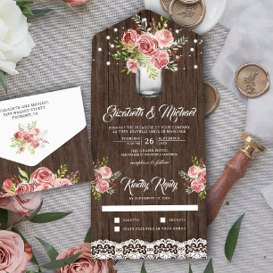 Invitation Tout En Un Rustic Cinnamon Rose Floral Mason Jar Wood Wedding