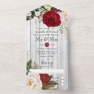 Invitation Tout En Un Rustic Country Rouge et Blanc Boho Mariage Floral