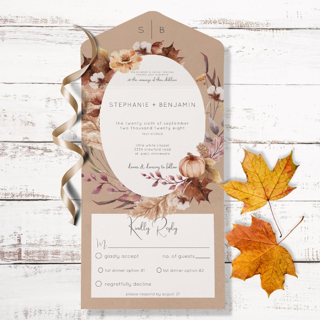 Invitation Tout En Un Rustic Fall Brown Floral & Dîner Feuille (Créateur téléchargé)