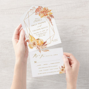 Invitation Tout En Un Rustic Fall Floral Citrouille Mariage géométrique