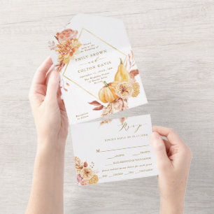 Invitation Tout En Un Rustic Fall Floral Citrouille Mariage or