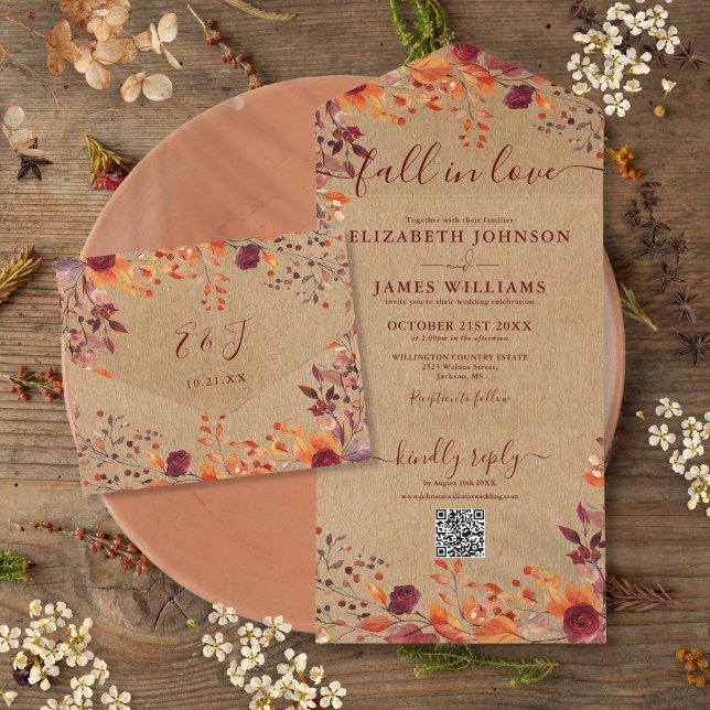 Invitation Tout En Un Rustic Fall In Love Automne Floral QR Code Mariage (Rustic Fall In Love Autumn Floral QR Code Wedding All In One Invitation)