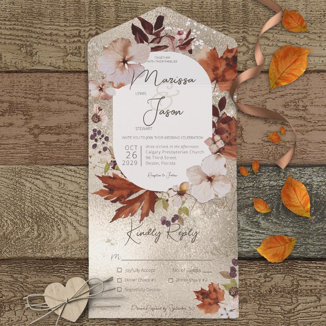 Invitation Tout En Un Rustic Fall Neutral Wreath Gold Dinner (Also available with a QR code or without dinner selection options.)