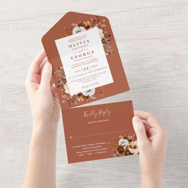 Invitation Tout En Un Rustic Fall Terracotta Moderne Floral Mariage (Déchirure)