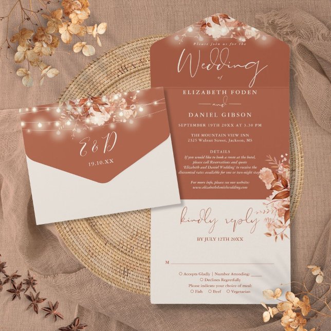 Invitation Tout En Un Rustic Floral String Lights Détails Mariage de aut (Rustic Floral String Lights Details Fall Wedding All In One Invitation)