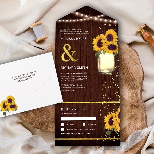 Invitation Tout En Un Rustic Grange Boho Mason Jar Sunflowers Mariage (Créateur téléchargé)