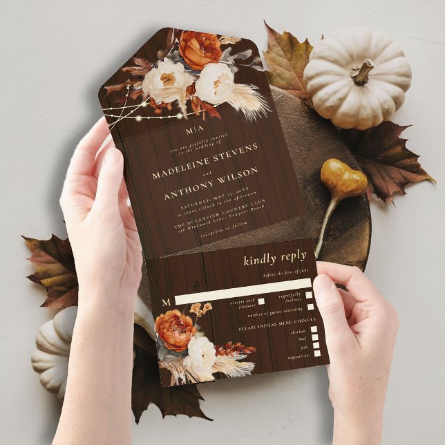 Invitation Tout En Un Rustic Grange Floral Botanique Automne Boho Mariag (rustic barn wedding invitation all in one burnt orange boho floral botanical rust terracotta)