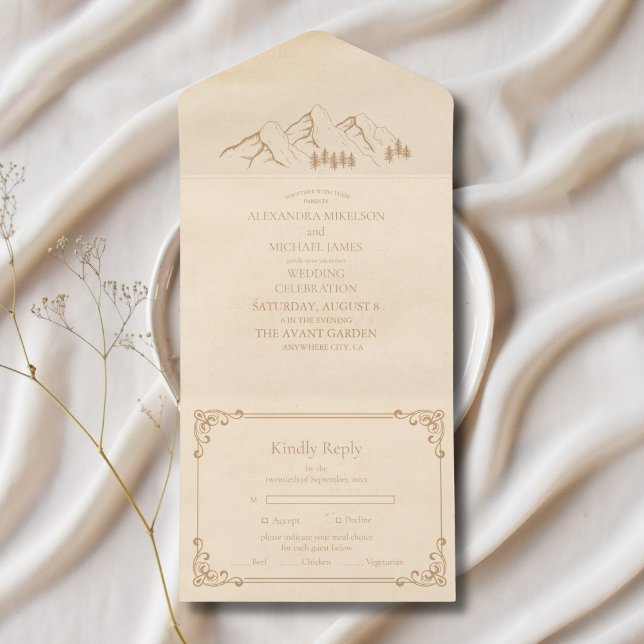 Invitation Tout En Un Rustic Green Pine Woods Mountain Sketch Mariage (Créateur téléchargé)