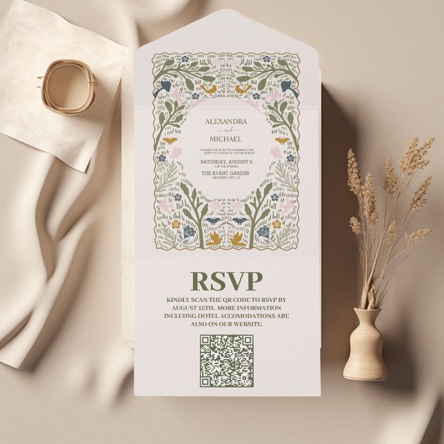 Invitation Tout En Un Rustic Green Woodland Mariage QR CODE (Créateur téléchargé)