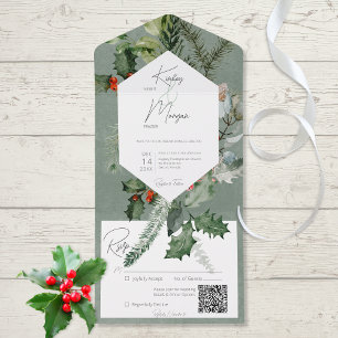 Invitation Tout En Un Rustic Holiday Green & Red Berries Code QR
