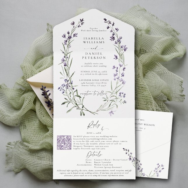 Invitation Tout En Un Rustic Lavender RSVP Détails Moderne Chic Mariage (lavender wedding invitation provence wreath modern classic elegant watercolor theme all in one)