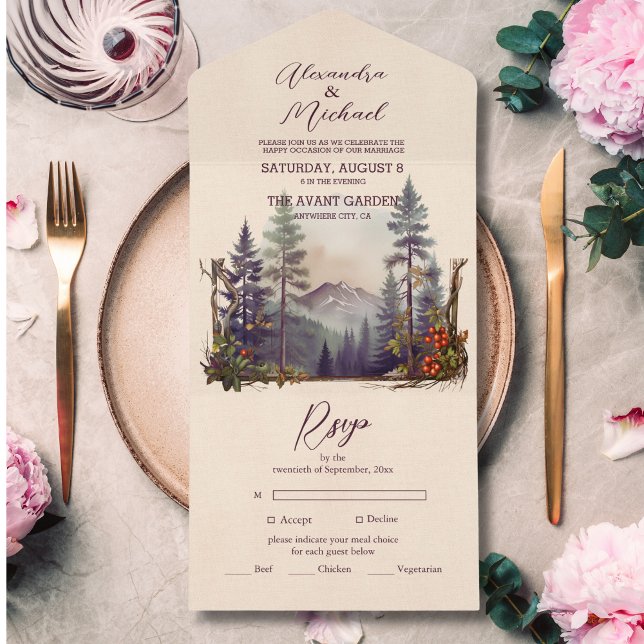 Invitation Tout En Un Rustic Mountain Forest Evergreen Tree Wedding (Créateur téléchargé)